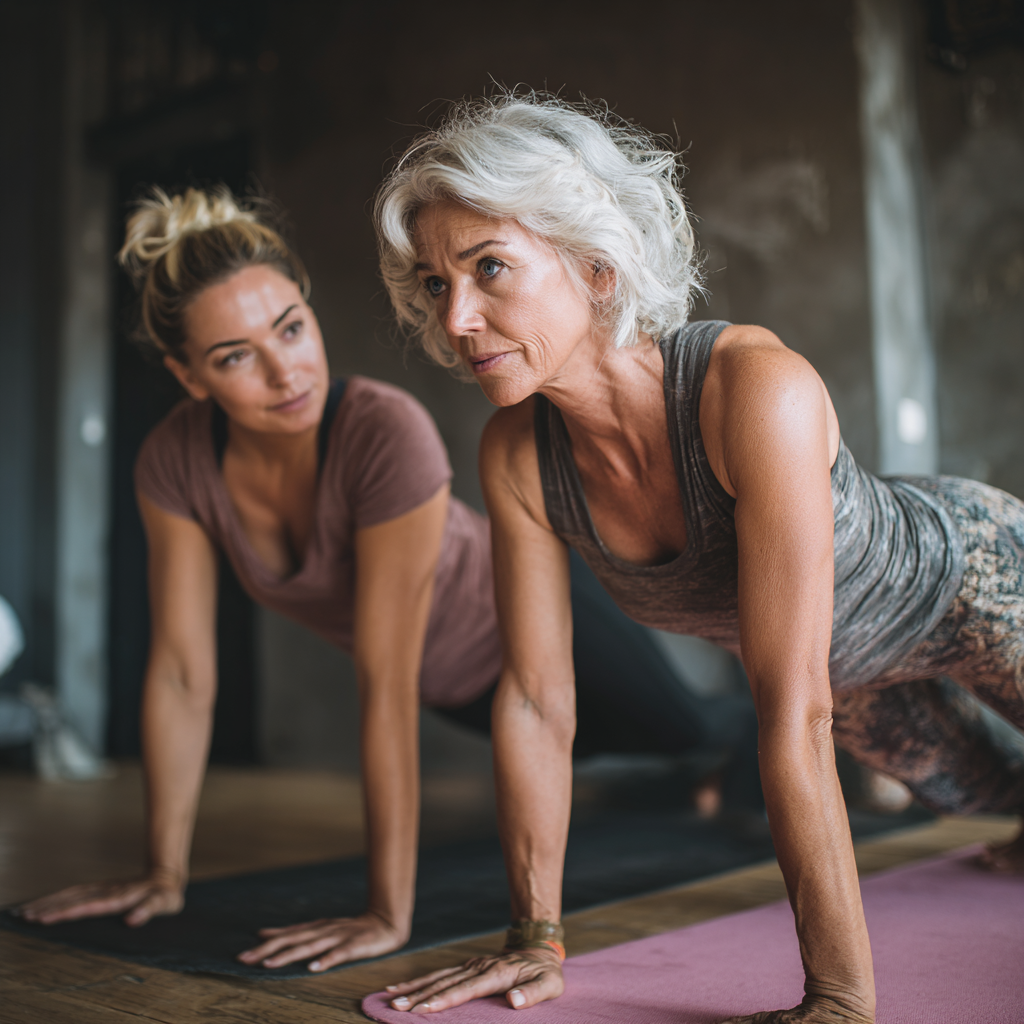 Experienced yoga instructor guiding mature student in beginner-friendly pose