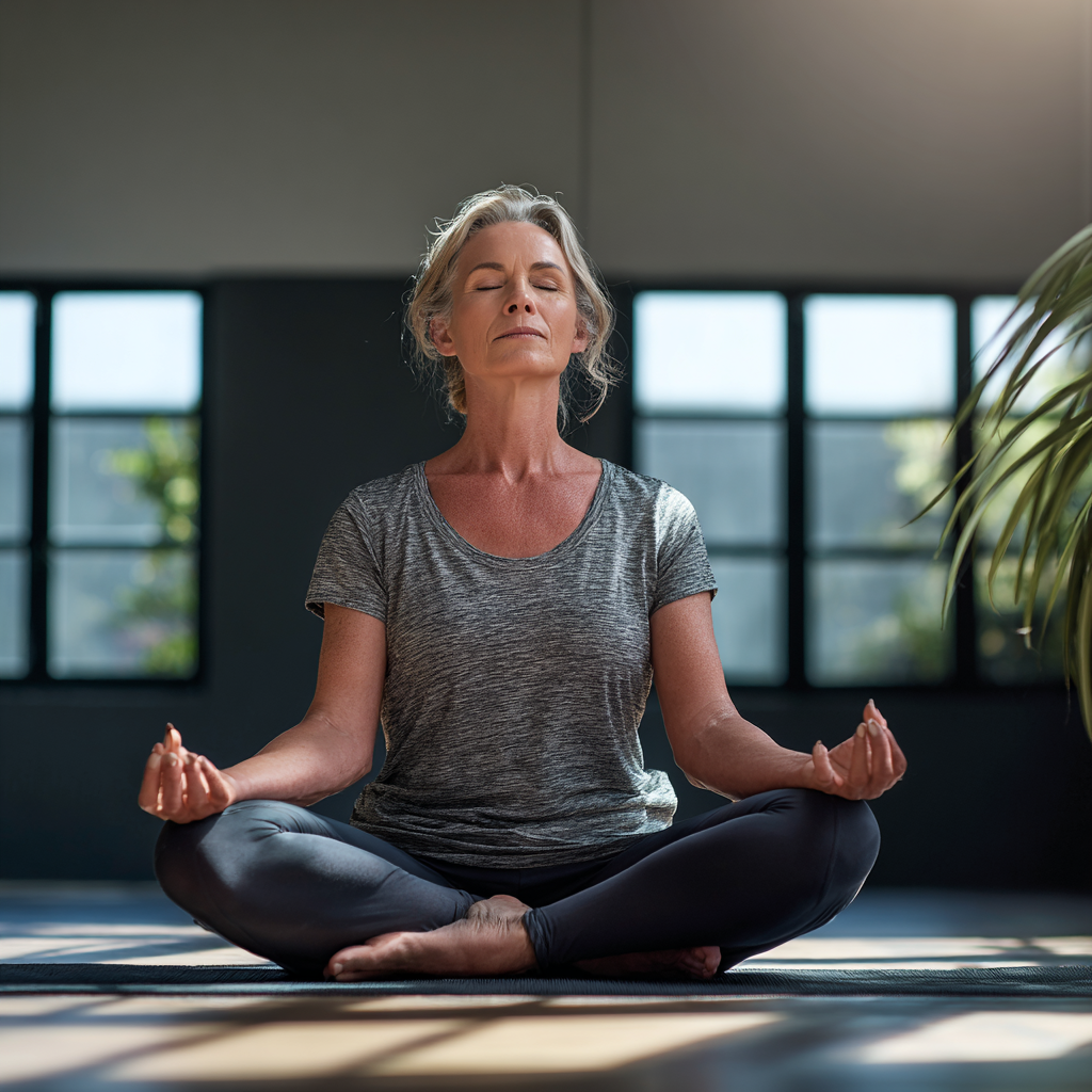 Middle-aged person practicing gentle yoga pose in peaceful studio environment